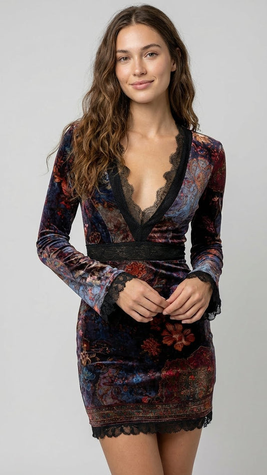 Inés | Mini vestido floral de terciopelo con encaje