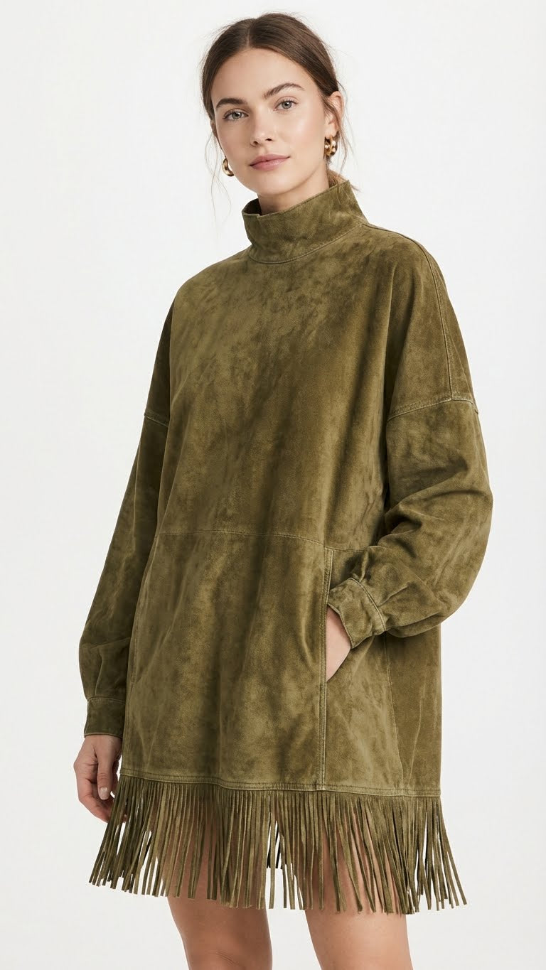 Valeria | Vestido de ante con cuello alto y flecos