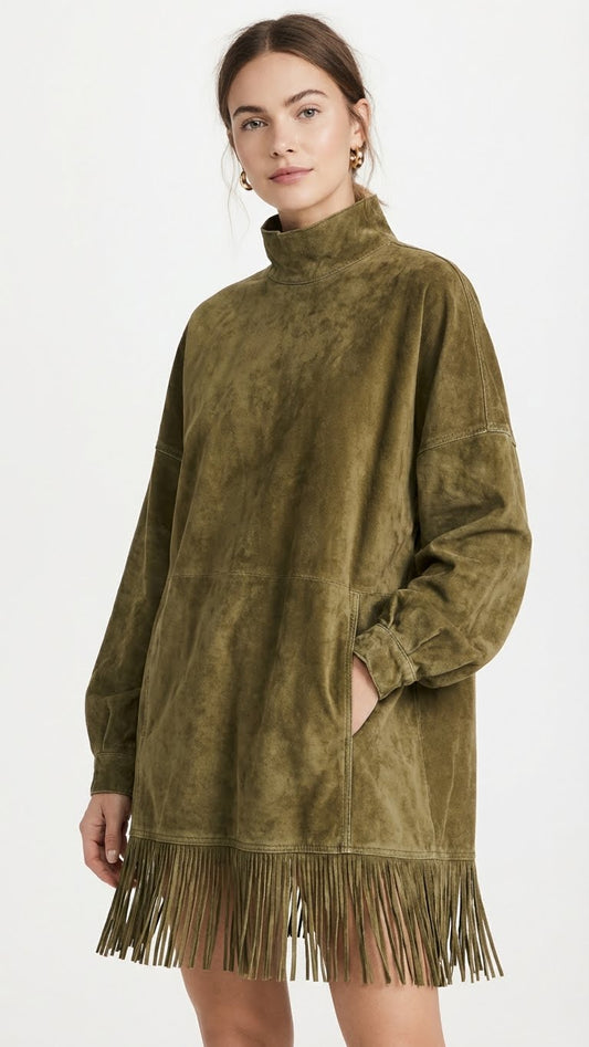 Valeria | Vestido de ante con cuello alto y flecos