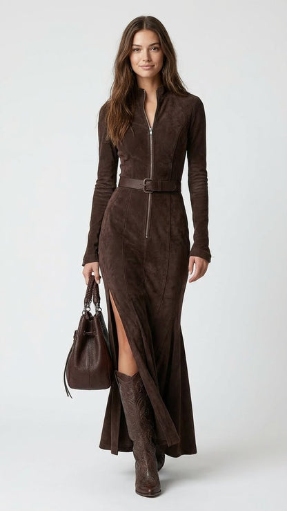 Clara | Vestido largo marrón con cinturón