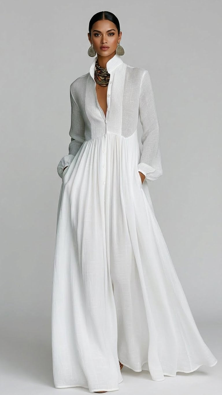 Elisa - Maxi minimalista de algodón y lino con patchwork, cuello alto y mangas largas