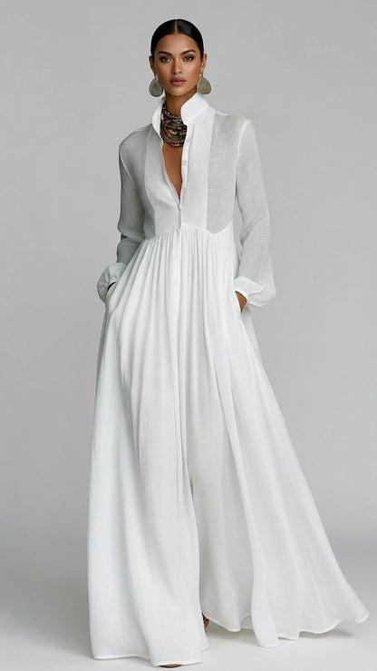 Elisa - Maxi minimalista de algodón y lino con patchwork, cuello alto y mangas largas