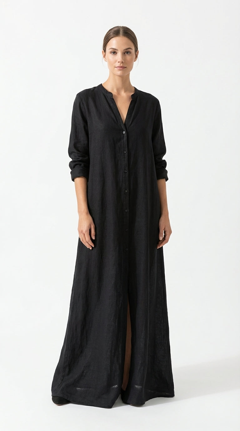 Soline™ | Robe longue noire ample boutonnée