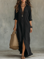 Soline™ | Robe longue noire ample boutonnée