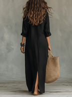 Soline™ | Robe longue noire ample boutonnée