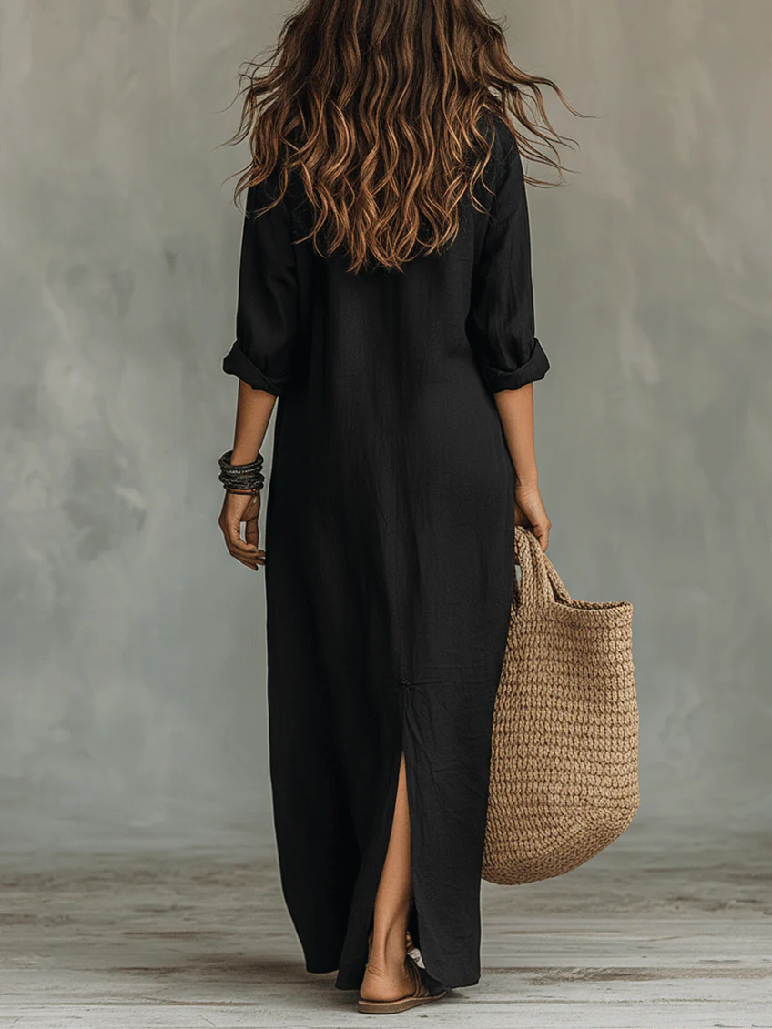 Soline™ | Robe longue noire ample boutonnée