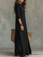 Soline™ | Robe longue noire ample boutonnée