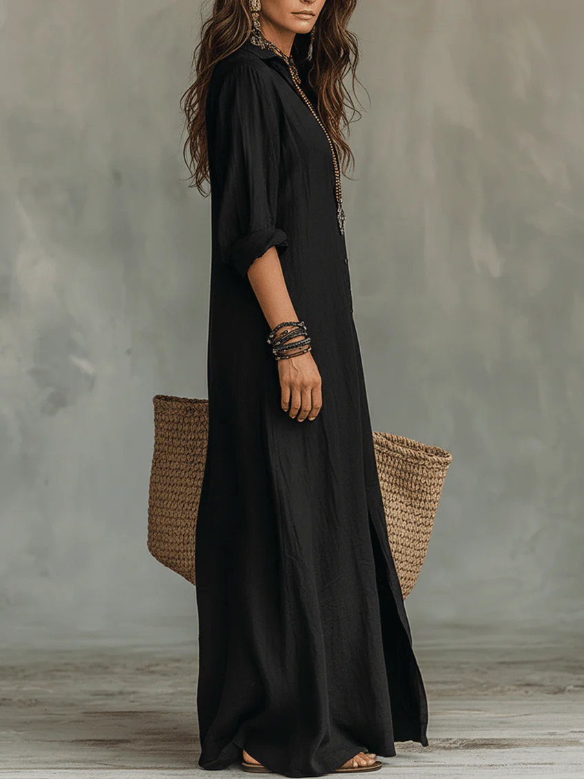 Soline™ | Robe longue noire ample boutonnée