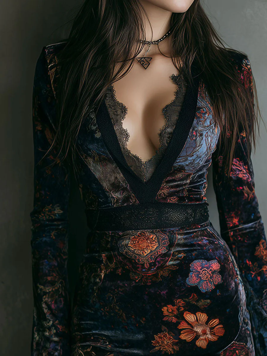 Inés | Mini vestido floral de terciopelo con encaje